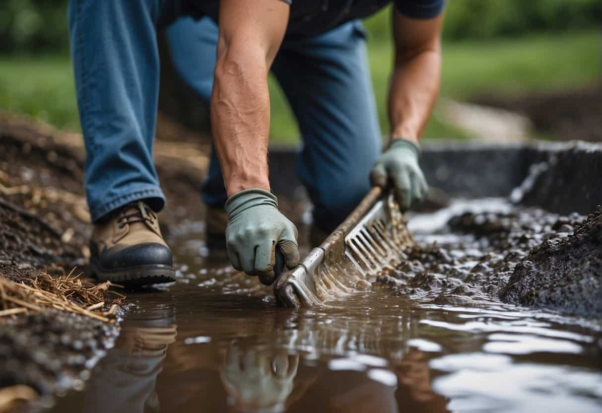 A professional using tools to clear debris from a clogged French drain, with water flowing freely afterward